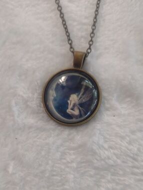 Antique Bronze Fairy Pendant Necklace in Blue